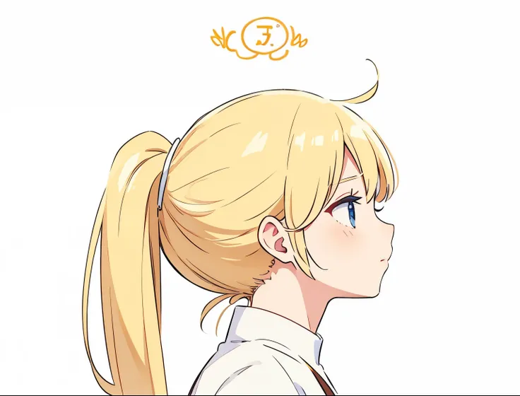  blonde ponytail、 logo、white background、profile