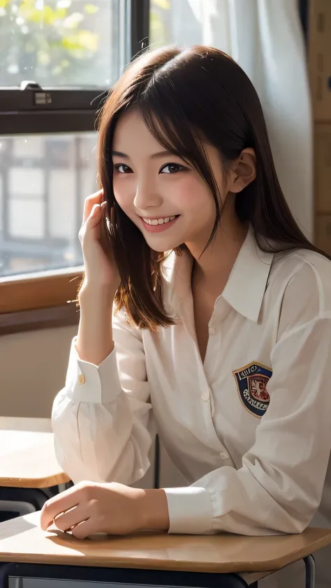 photorealistic,beautiful, Japanese gal influencers high school girl are sitting by the window and gazes at the scene in her classroom, she is 17-year-old, The soft light shining through the curtains, the math equation left on the blackboard, the smiling fa...