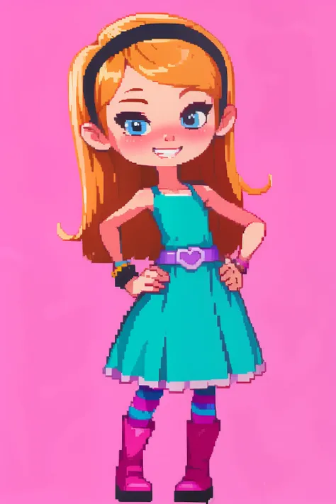 (masterpiece, top quality, best quality), pixel,pixel art,1girl,full body, penny peterson, long hair, blue eyes, 3d, blonde hair, skirt, pleated skirt, white trimmings, frilled skirt, hairband, black hairband, dress, teal dress, lavender belt, blue and pin...