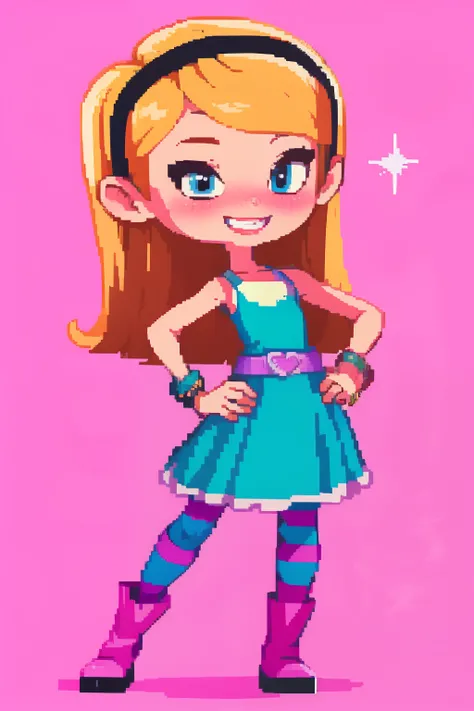 (masterpiece, top quality, best quality), pixel,pixel art,1girl,full body, penny peterson, long hair, blue eyes, 3d, blonde hair, skirt, pleated skirt, white trimmings, frilled skirt, hairband, black hairband, dress, teal dress, lavender belt, blue and pin...
