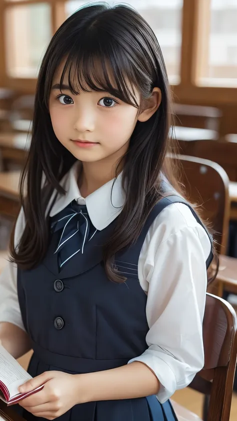 Imagine a charming illustration in the style of Loundraw, Depicts a beautiful schoolgirl. She is wearing a classic school uniform, With a fitted skirt and a perfectly lined shirt. Her long black hair, With soft bangs, Falling gracefully over her shoulders....