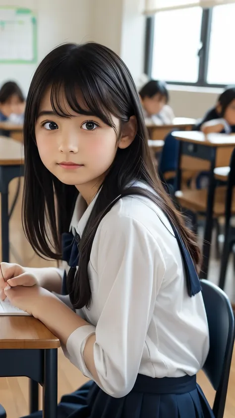 Imagine a charming illustration in the style of Loundraw, Depicts a beautiful schoolgirl. She is wearing a classic school uniform, With a fitted skirt and a perfectly lined shirt. Her long black hair, With soft bangs, Falling gracefully over her shoulders....