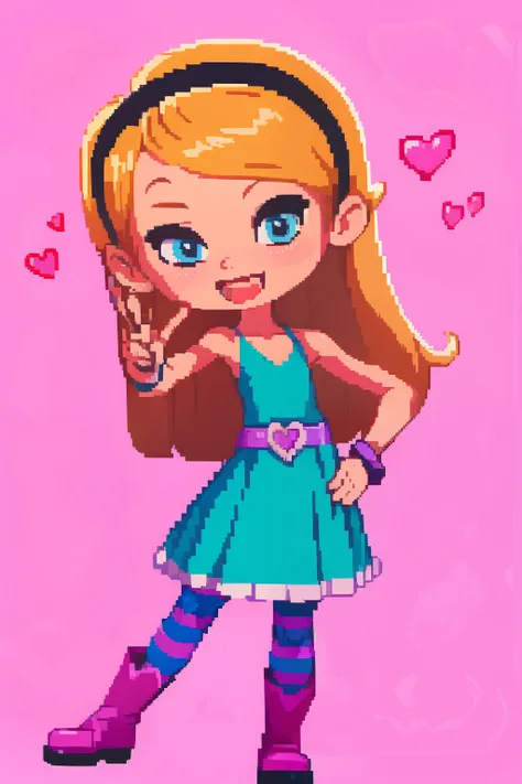 (masterpiece, top quality, best quality), pixel,pixel art,1girl,full body, penny peterson, long hair, blue eyes, 3d, blonde hair, skirt, pleated skirt, white trimmings, frilled skirt, hairband, black hairband, dress, teal dress, lavender belt, blue and pin...
