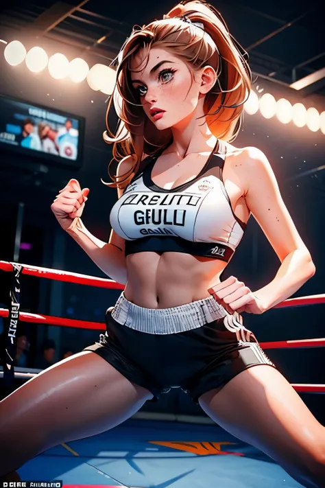 Photo of the fight  .  Very pretty girl  . She is 28 years old .  Breast size 3  . height 180 cm .  light grey eyes  . She's wearing workout clothes  .  She fights against several men .