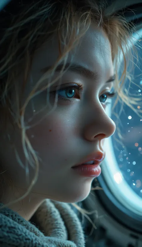 A cinematic close-up of a young blonde woman's eye looking out of a round spaceship window, captured from a slightly side angle, with an emphasis on her eyes. Her delicate facial features are highlighted in a soft half-profile. The stars outside the window...