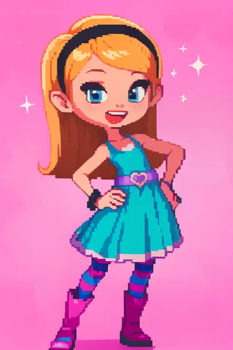 (masterpiece, top quality, best quality), pixel,pixel art,1girl,full body, penny peterson, long hair, blue eyes, 3d, blonde hair, skirt, pleated skirt, white trimmings, frilled skirt, hairband, black hairband, dress, teal dress, lavender belt, blue and pin...