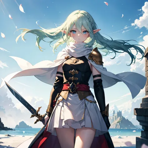 ((Female elf swordsman, sword poised forward, whirling winds, dynamic motion)), shoulder armor, ((Strong shadow, Wind effects, Floating petals)), ((Light green hair, Blond eyes, Long hair, Elf ears, Long loose hair)),  Delicate hair, Delicate eyes, ((Maste...