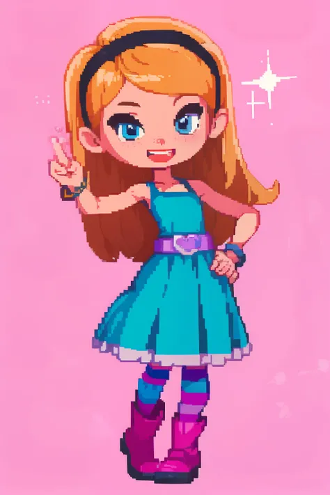 (masterpiece, top quality, best quality), pixel,pixel art,1girl,full body, penny peterson, long hair, blue eyes, 3d, blonde hair, skirt, pleated skirt, white trimmings, frilled skirt, hairband, black hairband, dress, teal dress, lavender belt, blue and pin...