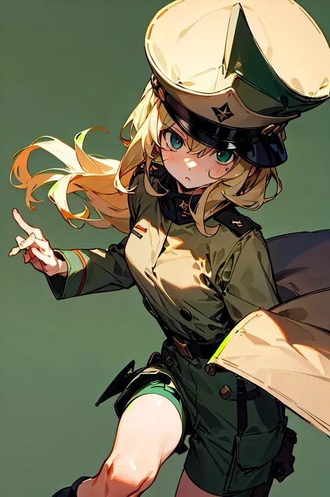 formula wallpaper、   1 girl、  Tanya DeGrechaff from The  Senki、((( Dull Blonde Shortcut )))、 Dark Green Military Uniform 、Dark Green Military Hat 、  simple background