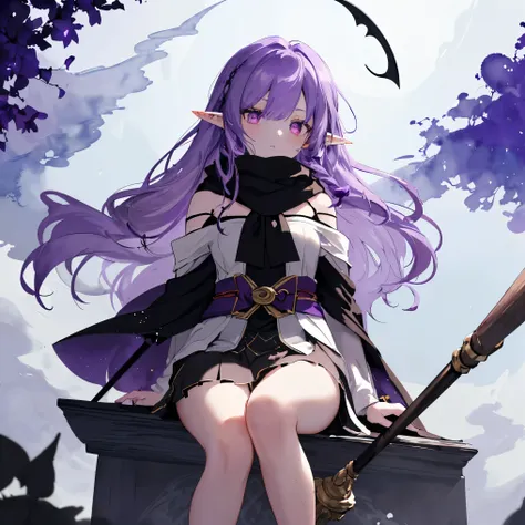 ((elf sitting on a broomstick flying in the sky)), ((high quality, masterpiece, delicate hair, determined delicate eyes)), ((Ruby red eyes)), (purple hair), ((long hair, elf ears,)) ((black broomstick with a long handle and a tuft of purple hair:1.4)), ((o...