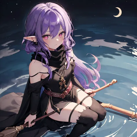 ((elf sitting on a broomstick flying in the sky)), ((high quality, masterpiece, delicate hair, determined delicate eyes)), ((Ruby red eyes)), (purple hair), ((long hair, elf ears,)) ((black broomstick with a long handle and a tuft of purple hair:1.4)), ((o...