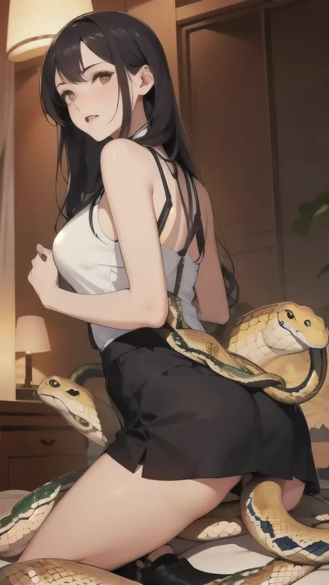 (Straddling a snake、Hide your butt with a skirt :1.5)、S-shaped line 、 tall、blush、her mouth half open  、 Eyes half open、 Super long hair is disheveled、adult、Adult face、Long face、 embarrassed expression 、Fair skin、Cool outfits、 troubled face、dark room in a h...