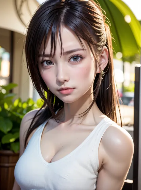 (extremely detailed CG unity 8k wallpaper), photo of the most beautiful artwork in the world, 8k uhd, realistic photo, a photo of 22 year girl wearing High-waisted shorts and a tucked-in tank top, High Ponytail with Scarf ,A stall in the fruit market with ...