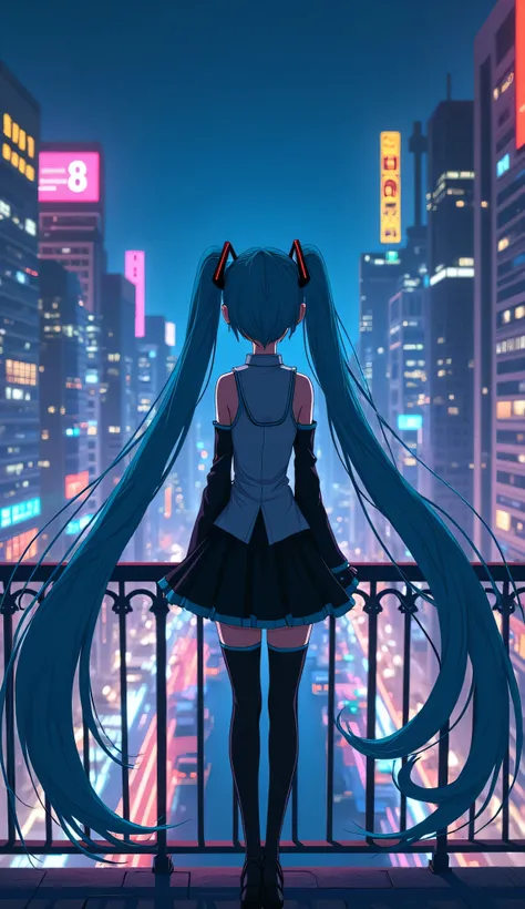 Hatsune Miku with long hair and blue hair standing on a balcony, Cyberpunk, neon lights, vivid display, intricate details, night time, anime style 4 k, anime wallpaper 4 k, anime wallpaper 4k, 4k anime wallpaper, anime art wallpaper 8 k, anime art wallpape...