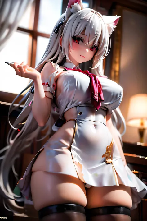 masterpiece,  8k, Cat ears, White hair, Red eyes, Twintail hair,   Beautiful girl sitting in cafe ,  wearing a dressy maid uniform,
 Open legs,  wariza,  medium breast, blushed, (From below:1.3), detailed background,