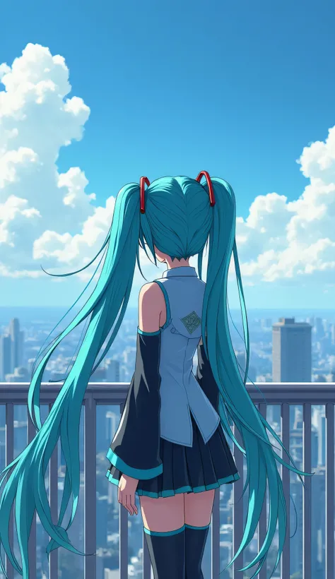 Hatsune Miku with long hair and blue hair standing on a balcony, anime style 4 k, anime wallpaper 4 k, anime wallpaper 4k, 4k anime wallpaper, anime art wallpaper 8 k, anime art wallpaper 4k, anime art wallpaper 4 k, anime style. 8k, an anime girl, ultra h...