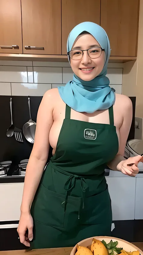 top-quality,Beautiful detailed hijabi,Bewitching face,beauty Mongol model,long lashes,Wearing a colorful naked_apron, glasses, kitchen background detailed,Detailed details,sideboobs, big breast ,stares at the camera, smile, all body shoot,  showing her hai...