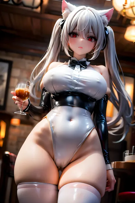 masterpiece,  8k, Cat ears, White hair, Red eyes, Twintail hair,   Beautiful girl sitting in cafe ,  wearing a dressy maid uniform,
 Open legs,  wariza,  medium breast, blushed, (From below:1.3), detailed background,