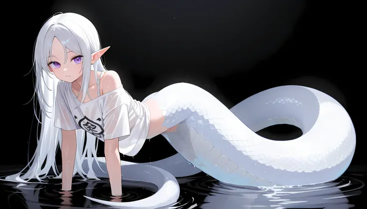 Best quality, 1 girl, lamia monstergirl, white flakes, purple eyes, white hair, long hair, parted bangs, pointed ears, white sheer plus size wet t-shirt, off shoulder, short sleeves, closed mouth, expressionless, teeth, looking at viewer, black background,...