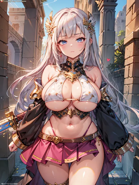 masterpiece, best quality, hyper detailed, exquisite, beautiful,1 person, bikini and armor.Very fine decoration, holds a sword, ahe face.(big sagging boobs:1.3).  hypo..  heart eyes. short skirt.huge areola
.Trance. slit., shows off her side. semen.Ancient...