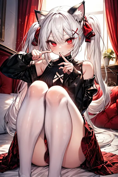 masterpiece,  8k, Cat ears, White hair, Red eyes, Twintail hair,   Beautiful girl,
(while Lingery:1.3),
Bedroom,
cowboy shot, (x fingers:1.3), legs up, knees,crose,