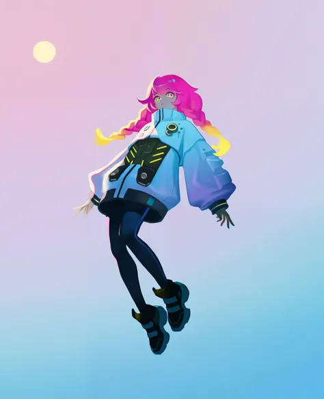 masterpiece, best quality, amazing quality, very aesthetic, newest, 1girl, personification, pink braided hair, yellow eyes, oversized cyberpunk pastel outfit, gradient hair, floating, in sky, sun