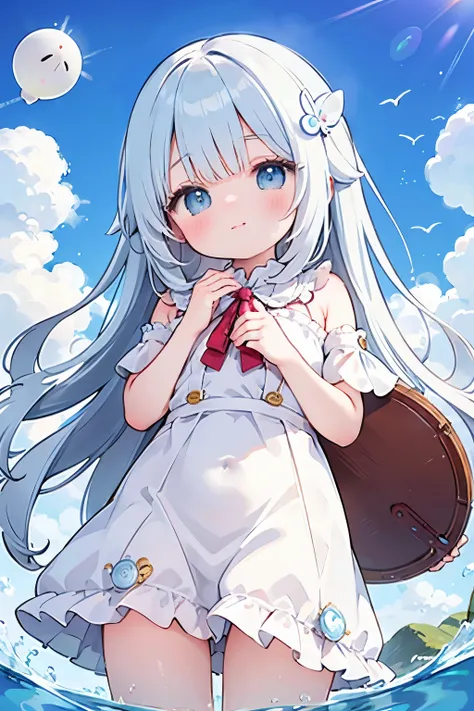 (( best quality)), ((masterpiece)), (  Details),  looks like a 
Outwardly, the  is still young
light blue long hair、blue eyes
white seashell hair ornament
Clear dress 、Relaxed eyes
Poo-po-wa atmosphere、My cheeks are red
The cute smile of a young 
He holds ...