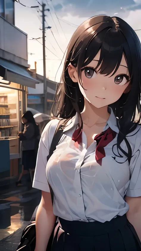 ( sexy and beautiful girl in a school uniform with her wet underwear revealed、 True Love、 Detailed Black Hair 、eye、nose、lips、Under the rain and lightning outside a convenience store 、 soft focus、 photorealistic、4K、 high resolution、 best quality、masterpiece...