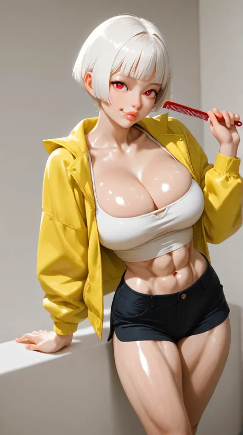 Young Asian, big breast, toned skinny muscular body, wearing white top, short pants, yellow jacket,playful face, red eye, white short hair with bangs, open cleavage,comb hair, thick lips, glossy skin