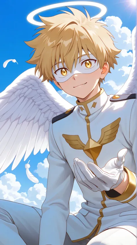 Full pure White hero masked men anime, solo,white angel uniform,white mask,white eye mask,glove,angel,1boy,mysterious grin,fang out,male focus,big white angel wing,angel halo,golden eyes,day sky clouds heaven background,male focus,playful,white feathers ef...