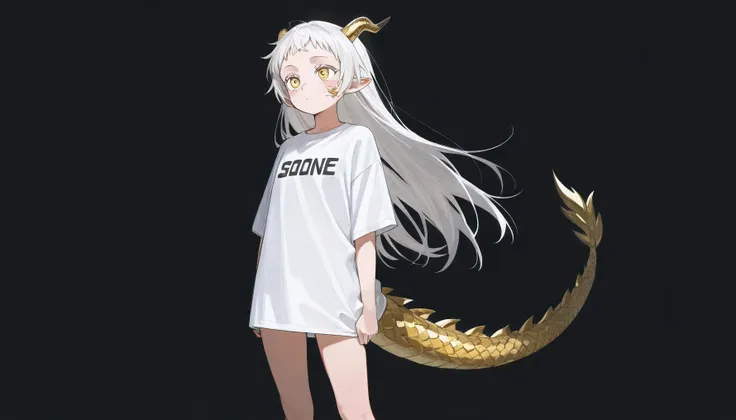 1 , Alone,  long hair,  white hair, Split fringe ,  short bangs,  detailed,  yellow-eyed, Dragon girl,  golden dragon horns ,  dragon tail , golden  dragon tail , pointy ears,  golden scales on the cheek,  wearing a white shirt , camisa oversized, ombro no...