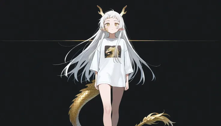 1 , Alone,  long hair,  white hair, Split fringe ,  short bangs,  detailed,  yellow-eyed, Dragon girl,  golden dragon horns ,  dragon tail , golden  dragon tail , pointy ears,  golden scales on the cheek,  wearing a white shirt , camisa oversized, ombro no...