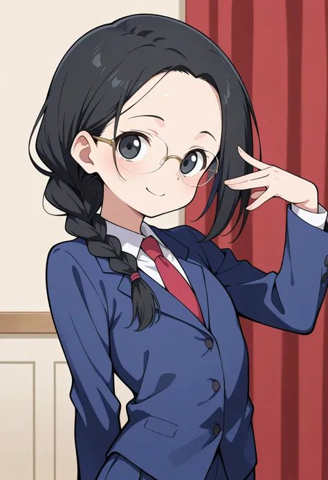 solo,black single braid,forehead,glasses,black eyes,cute face,black color magician clothe,upperbody,good model pose,kind smile,sideview,looking at viewer,