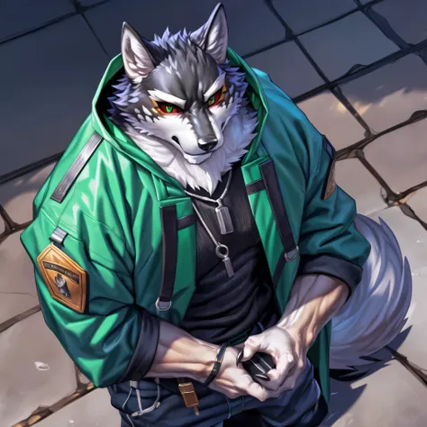 Monomasa, like fur, male, solo focus, Wolf, Tail, by kiyosan, by Yupa , by Pino Daeni , (by null-ghost:0.8), ( by drks :0.2), White hooded coat, Food Up, pants, deTailed eyes, black pupils, green eyes, red sclera , ( yellow eyeshadow :0.8), knight...