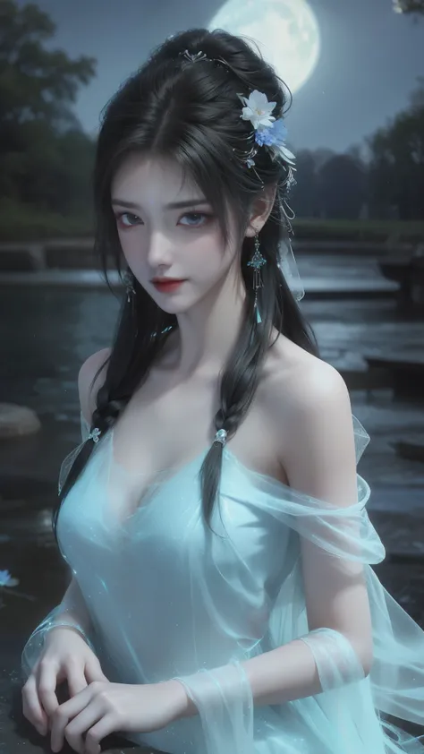 light particles, halo, (bioluminescent:0.95), bioluminescent, piercing glare, vibrant, (((colourful))), color, (glowing, glow),ancient customs, wind blow, blossom, pond, night, moon relection in the pond, reflection light, depth of field, from behind, mul...