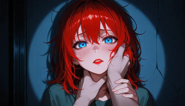 masterpiece, high definition, cinematic lighting, dark, chiaroscuro, night, break, 1 girl, messy hair, blue eyes, horror, sad, depressed, medium hair, (red strands), vivid color, parted lips, red lipstick, blush, surrounded by puppets, leaning against the ...