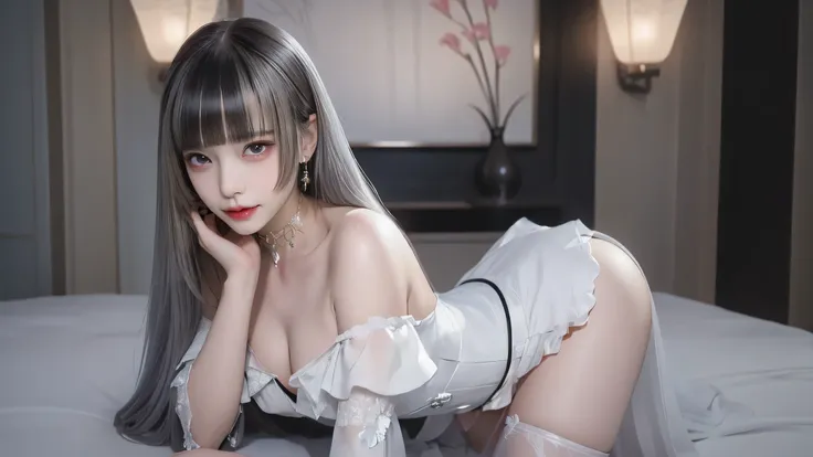  fluorescent color 、 1 girl lying down、 Look to the side 、  beautiful face、(  beautiful eyes)、(( dark blue eyes )),(  Clear Off-the-Shoulder White Dress  、   miniskirt :1.2)、(  BLACK LACE STOCKING )、  long legs  、  high heels、   shiny white hair   、 pubic ...