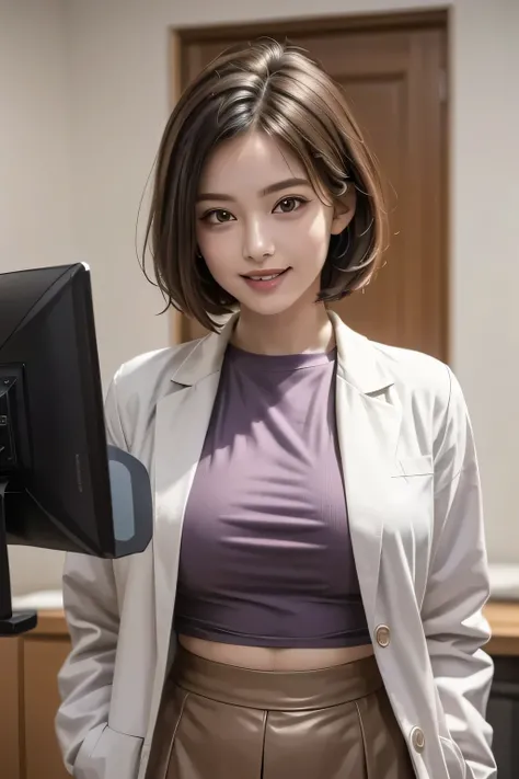 1 physician, solo, mature, hyperdetailed face, Detailed lips, Detailed eyes, double eyelids, grin, Black bob hair,  (((Light purple shirts, doctor's white coat, Brown tight mini skirt))), (huge breasts), perfect chest, Perfect fit, perfect bodies, face per...