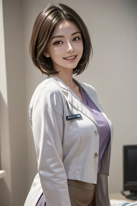 1 physician, solo, mature, hyperdetailed face, Detailed lips, Detailed eyes, double eyelids, grin, Black bob hair,  (((Light purple shirts, doctor's white coat, Brown tight mini skirt))), (huge breasts), perfect chest, Perfect fit, perfect bodies, face per...