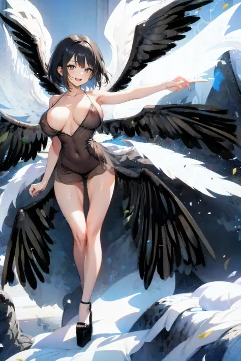 masterpiece,(detailed face), BREAK, 1 skinny girl standing on peak of ice cliff, ice mountains in distance, landscape, BREAK, solo, multiple wings, (12 wings on back), (6 white wings and 6 black wings), black short hair, long sidelocks, BREAK, (wearing onl...