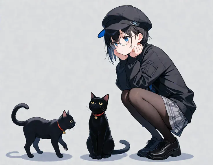 (masterpiece), (best quality), (ultra-detailed),
1girl, glasses, short hair, cap, full body, cat,