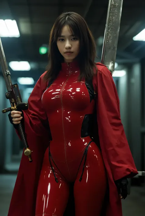 (((The dark interior of the Nostromo ship :2.0))),((( HR Giger style cyberpunk atmosphere:2.0))),((( Hold a cyberpunk-style Japanese sword :2.0))), standing,((whole body:2.0)), one woman,( cute face),(Beautiful well-balanced face ),( natural big breasted :...