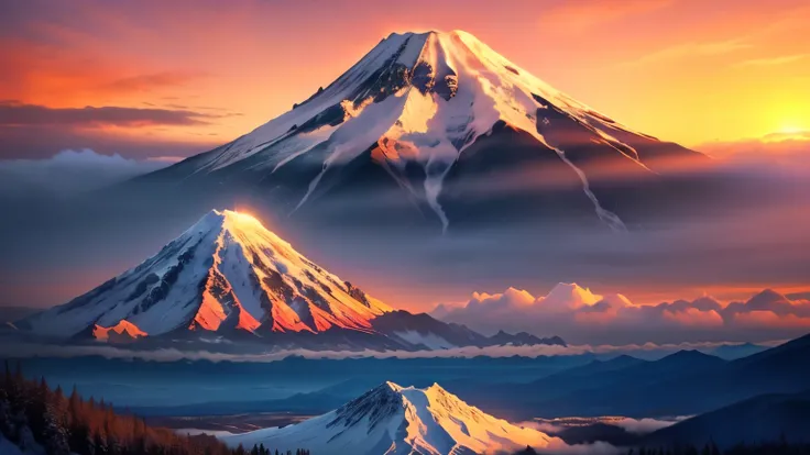 Mountain air setting against the sunset , at snowy Fuji Mountain sunrise , Mount Doom, mount Fuji, m . Fuji, volcano setting, the sun rises between the two mountains, Fuji choko, Mountain sunrise , mount Fuji background, Japanese Mountains, mount Fuji ...