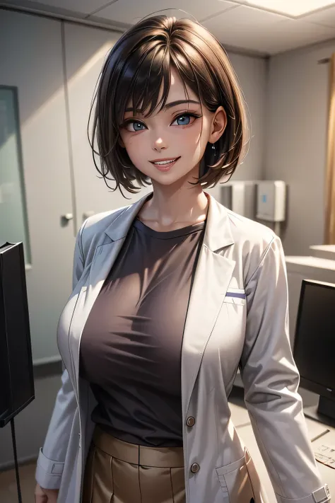 1 physician, solo, mature, hyperdetailed face, Detailed lips, Detailed eyes, double eyelids, grin, Black bob hair,  (((Light purple shirts, doctor's white coat, Brown tight mini skirt))), (huge breasts), perfect chest, Perfect fit, perfect bodies, face per...