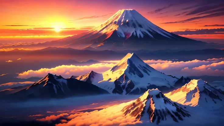 Mountain air setting against the sunset , at snowy Fuji Mountain sunrise , Mount Doom, mount Fuji, m . Fuji, volcano setting, the sun rises between the two mountains, Fuji choko, Mountain sunrise , mount Fuji background, Japanese Mountains, mount Fuji ...