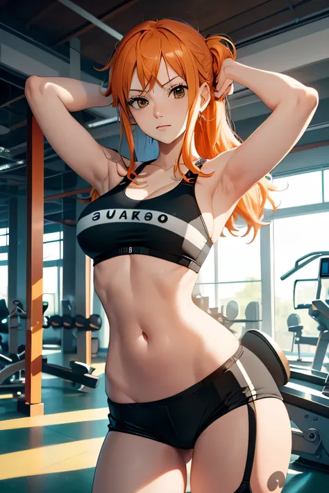 （8k, RAW photos,（1Female：1.1），Nami, female，\（One Piece\), long orange hair, big breasts, (black sport bra and skimpy sporty shorts), (modern gym), One Piece art style
