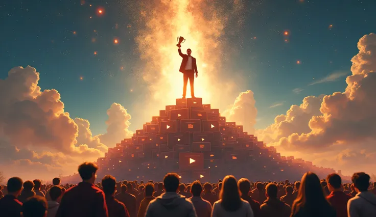 "A cinematic digital painting of a YouTuber standing on top of a mountain made of video play buttons, holding a golden YouTube trophy. The sky is filled with shining stars, symbolizing success and achievement. Below, many small YouTubers are looking up in ...