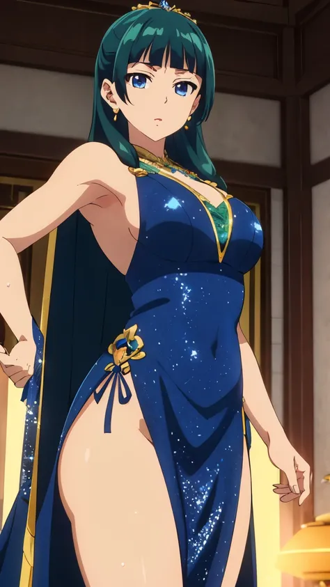  show me your armpits, wet skin, top quality (8k,  high resolution, masterpiece: 1.2),  very detailed,  Anime Style Art,  dynamic angle, (western style dresses,  Party Venue ), Detailed green hair,  with fine blue eyes,  Wearing a waist cape  ,  long hair ...