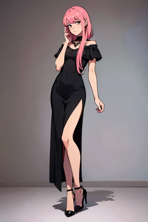 a male who is wearing a black dress and heels, with pink hair as a wig. full body