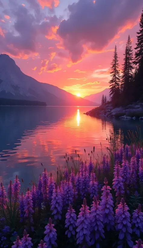 a sunset over a lake with purple flowers and a mountain in the background, beautiful sunset, stunning nature in background, stunning sunset, beautiful nature, floral sunset, beautiful sunrise, colorful sunset, vibrant sunrise, really beautiful nature, lila...